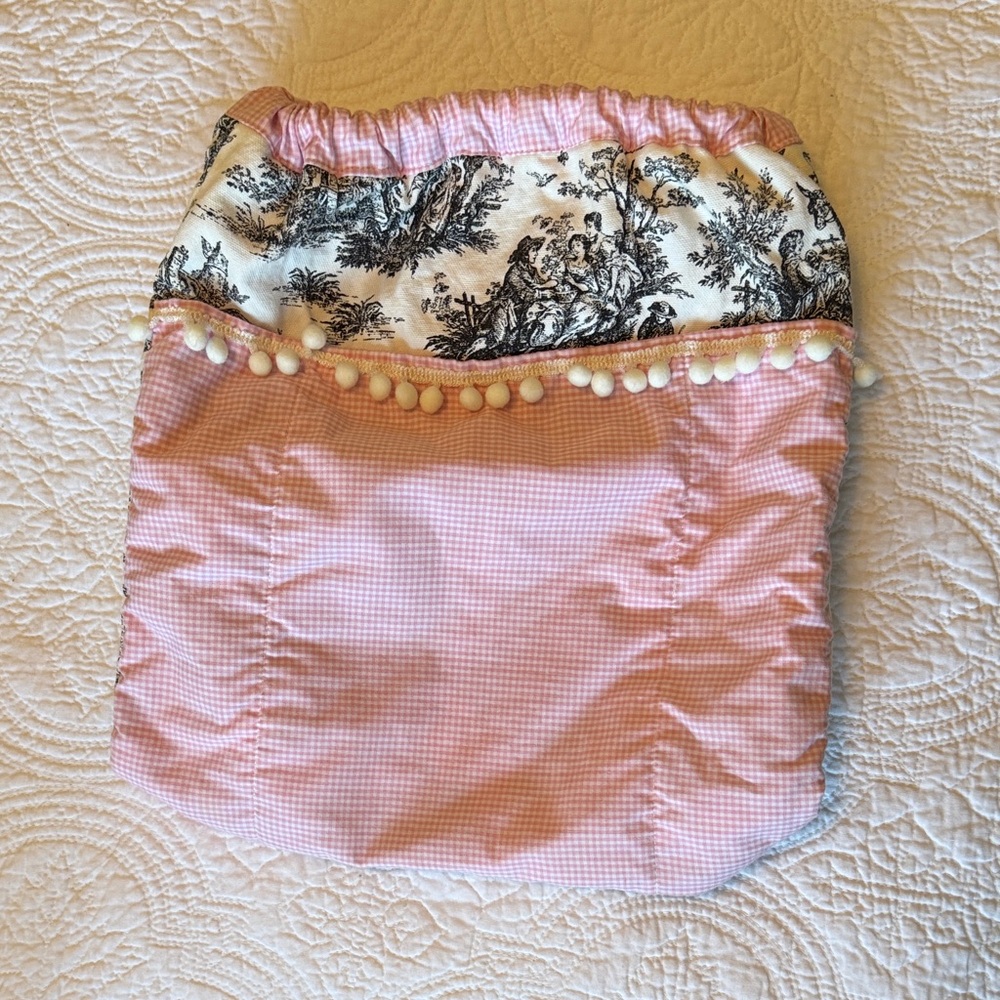 Handmade Pink and Black Toile Drawstring Bag with Pom Poms